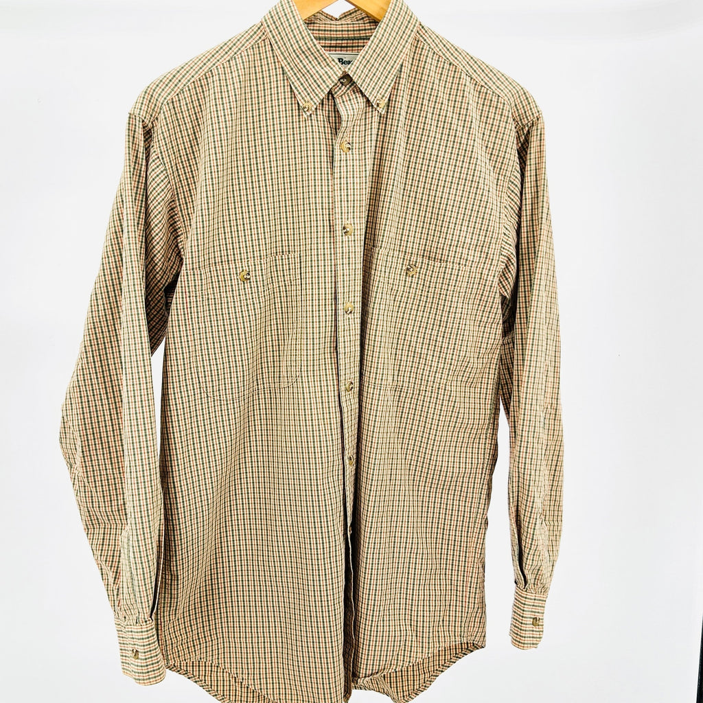 Vintage 90s L.L.Bean Tan Green Red 100% Cotton Check Button-Down Shirt