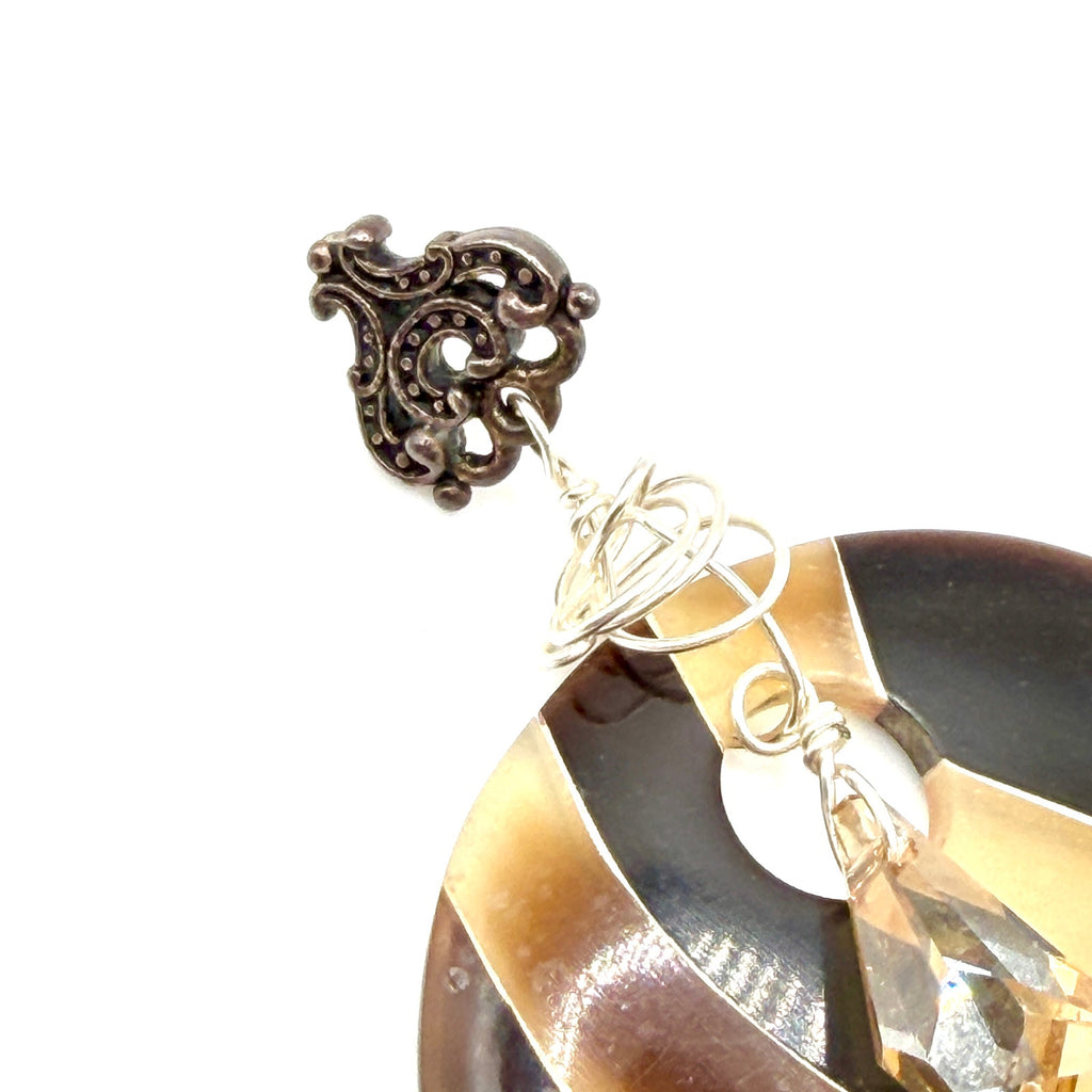 Vintage 90s Sterling Silver Black Tan Striped Resin Tribal Maximal Drop Earrings