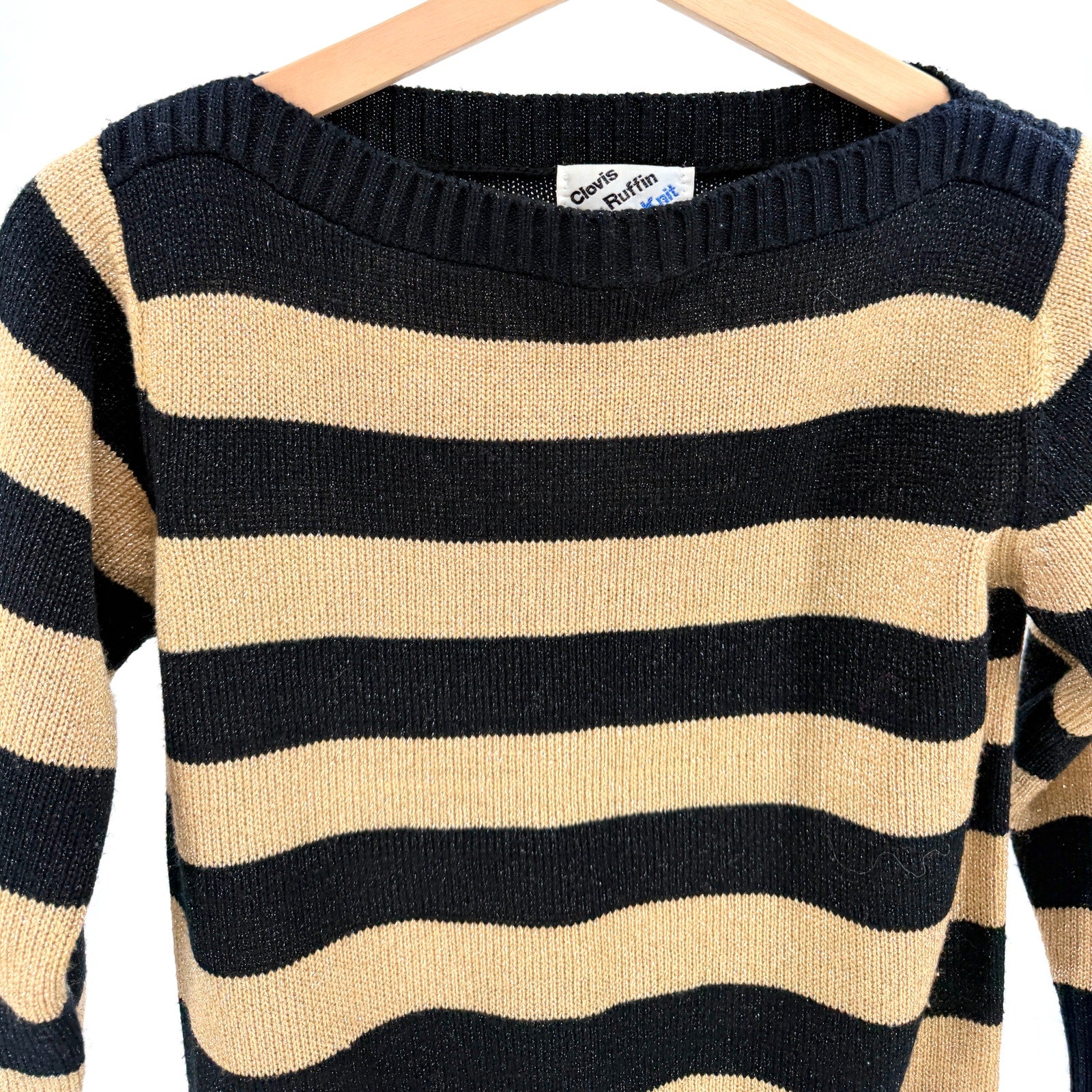 Vintage 80s Clovis Ruffin Black Gold Metallic Striped Boat Neck Knit Sweater