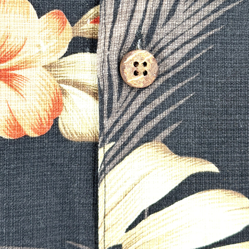 Vintage Y2K Island Shores Black Tan 100% Silk Tropical Hibiscus Button Up