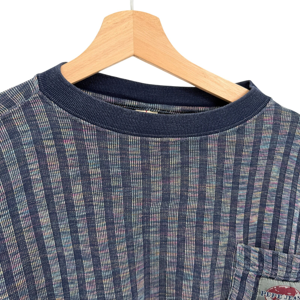Vintage 90s Pepe Jeans London Blue 100% Cotton Rainbow Striped Pocket Shirt