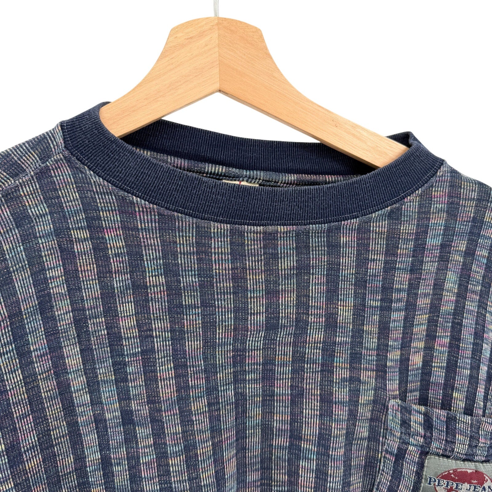 Vintage 90s Pepe Jeans London Blue 100% Cotton Rainbow Striped Pocket Shirt