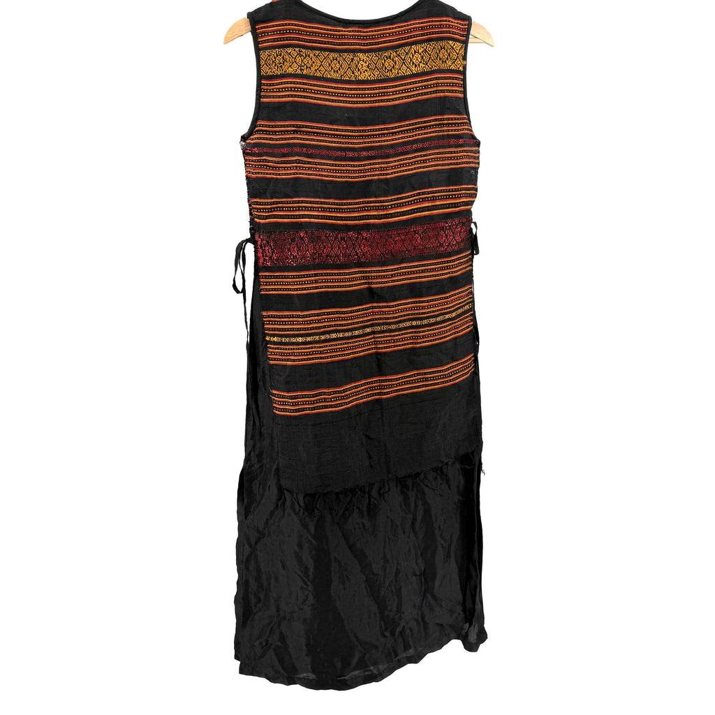 Vintage 90s Black Red Gold 100% Silk Tribal Woven Overlay Side Tie Shift Dress