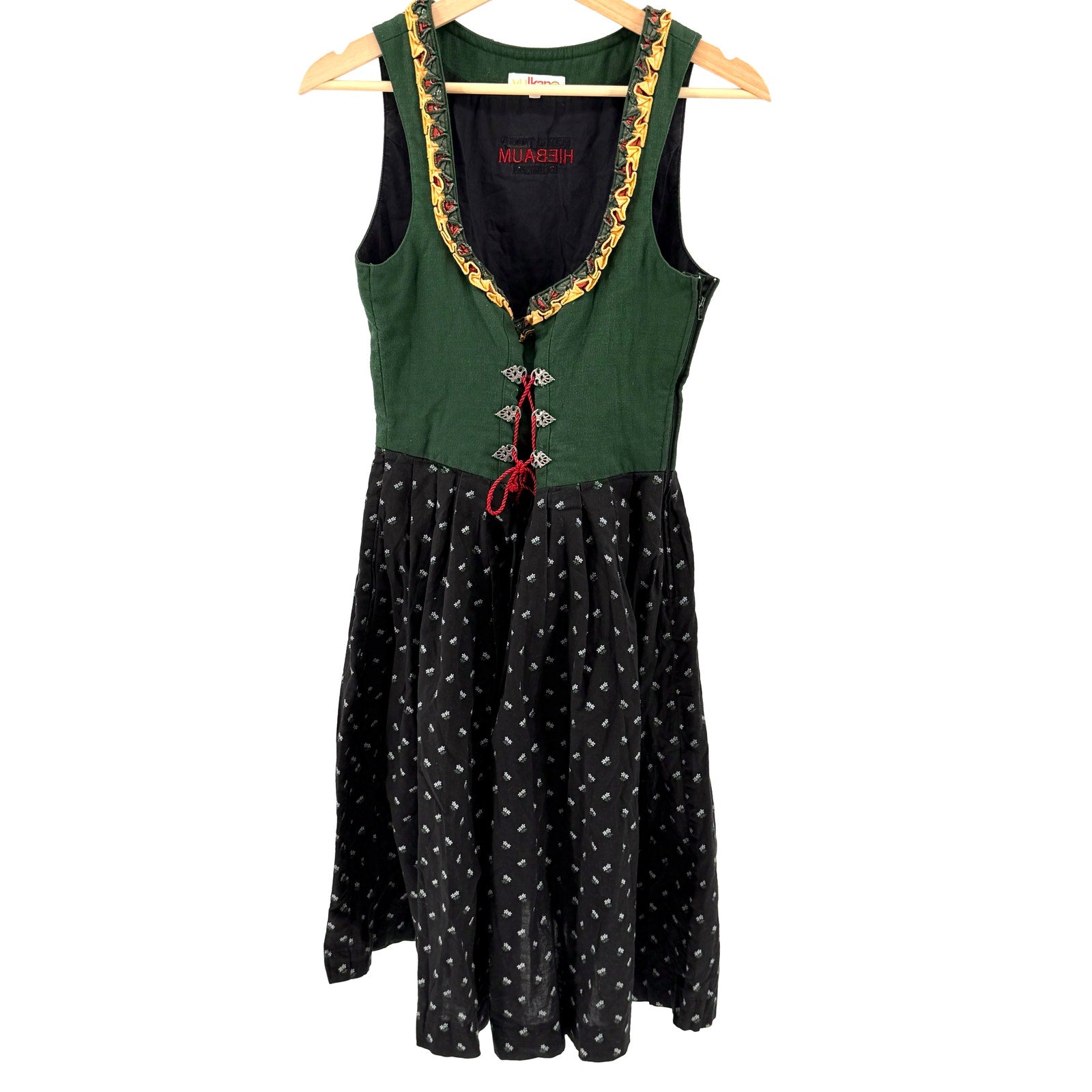 Vintage 80s Hiebaum Green Black Cotton Folk Cottagecore Ruffle Dirndl Dress