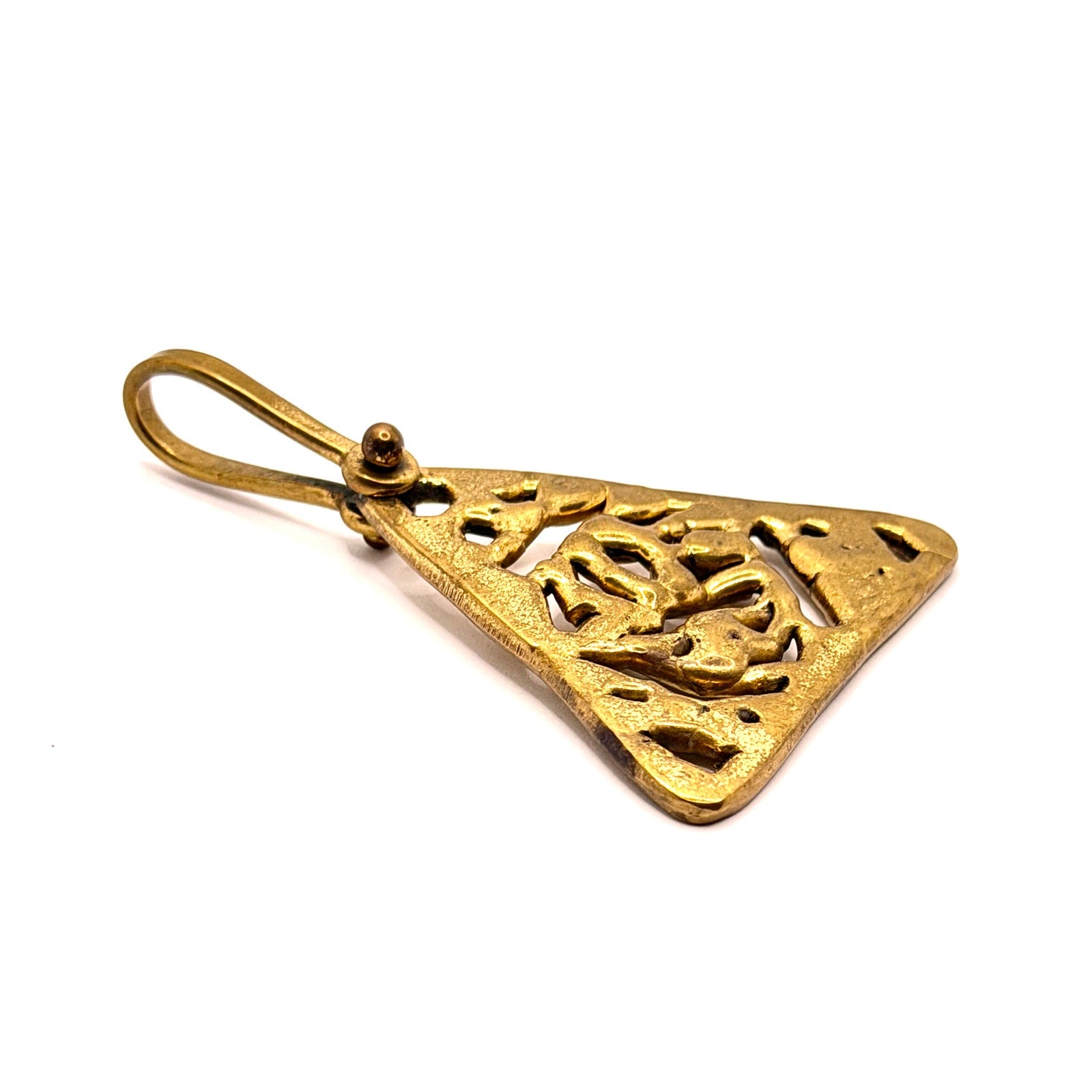 Vintage 80s Artist Signed Brass Sculptural Brutalist Abstract Triangle Pendant