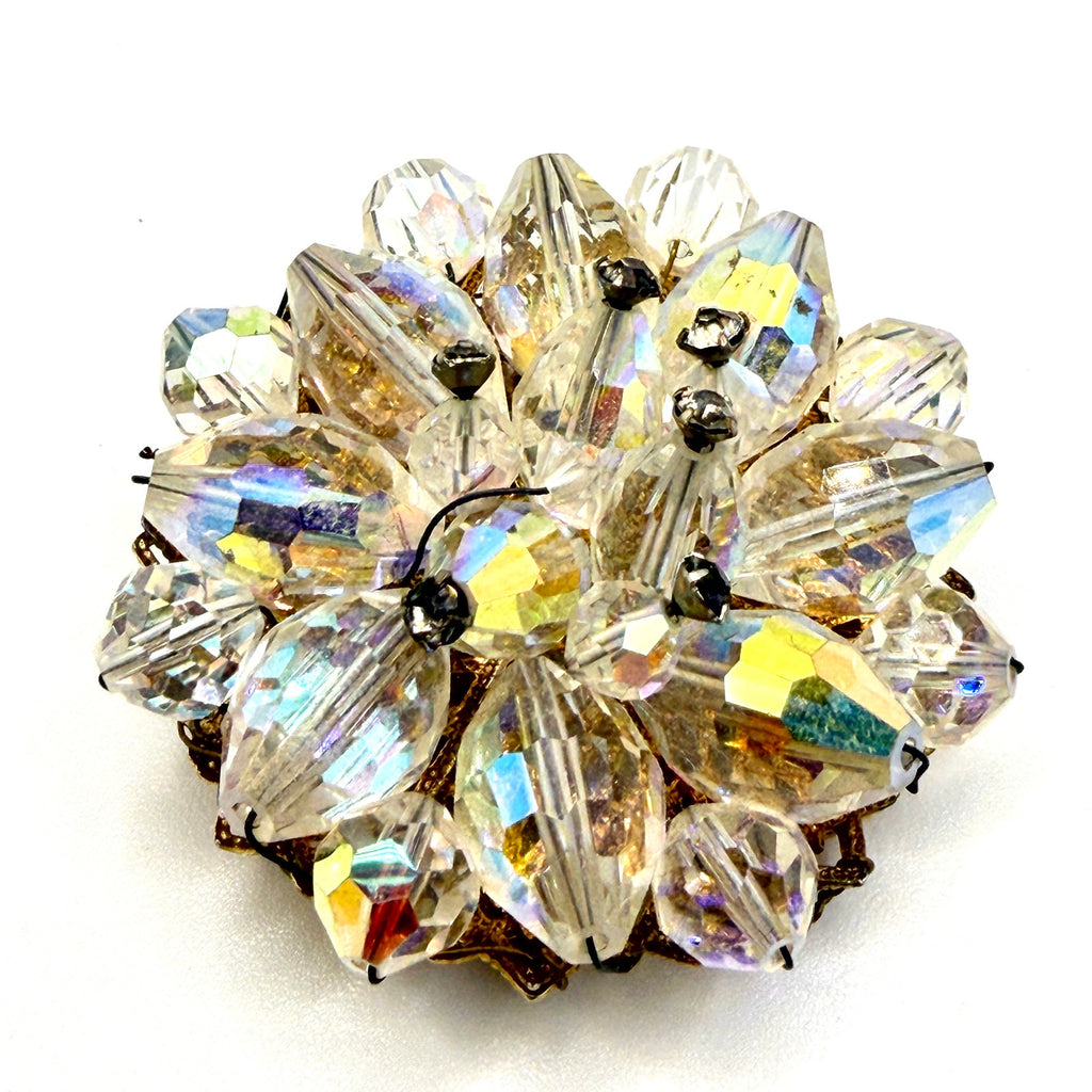 Vintage 50s Clear Aurora Borealis Crystal Glamour Wire Wrapped Cluster Brooch