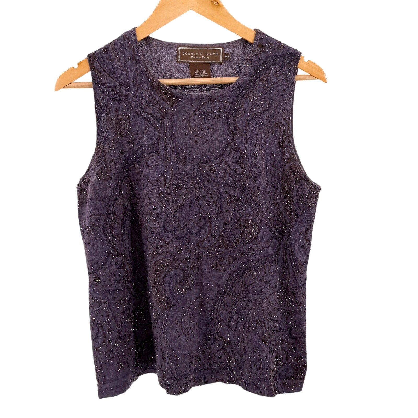 Vintage Y2K Double D Ranch Purple Beaded Paisley Sleeveless Sweater Knit Top