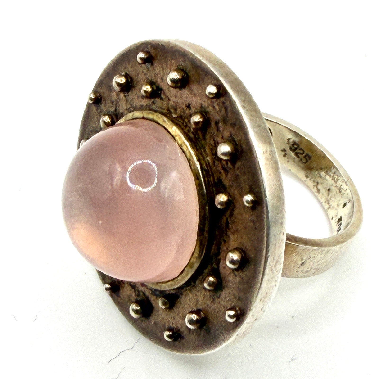 Vintage 90s Sterling Silver Pink Rose Quartz Dot Shield Statement Ring