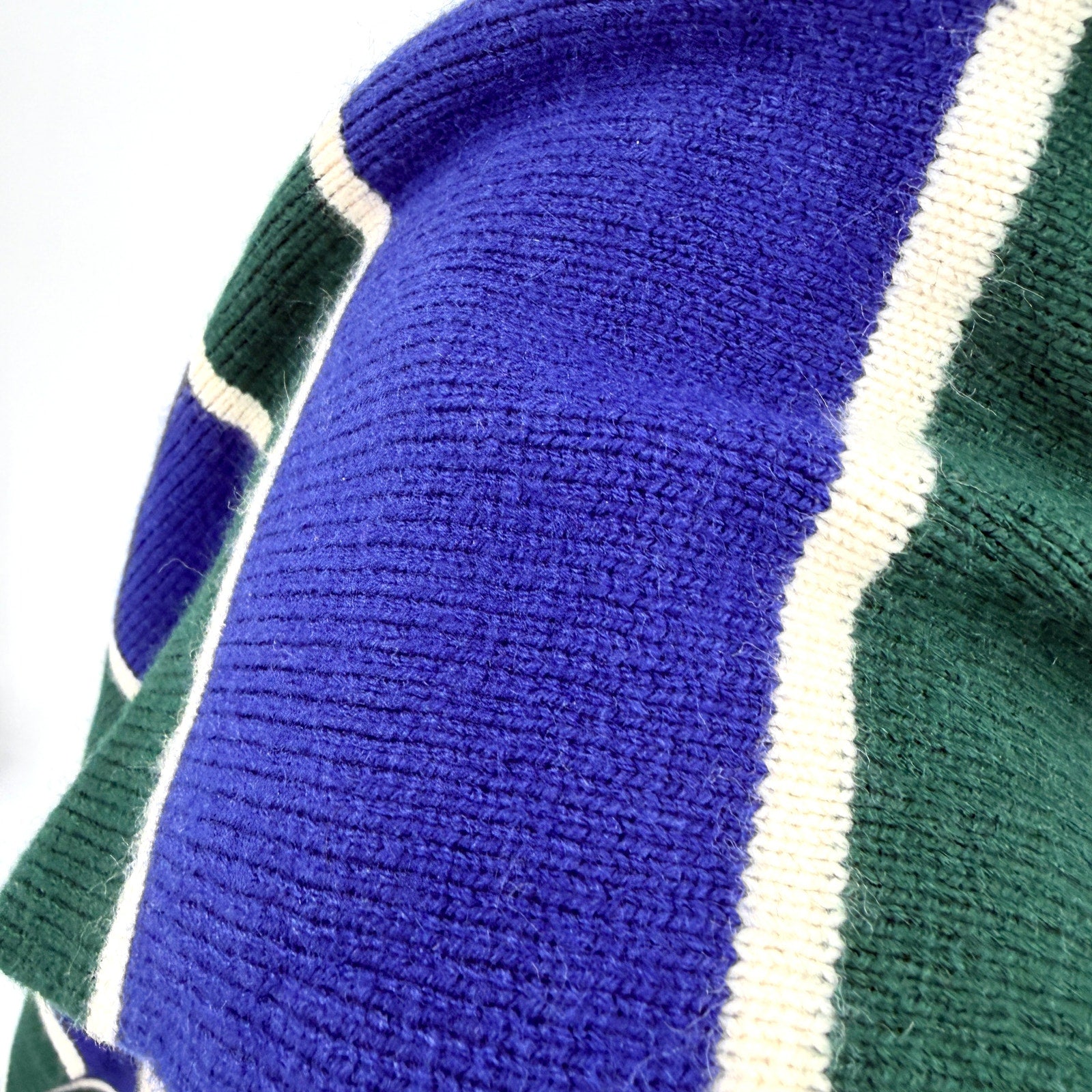 Vintage 70s English Village Blue Green Striped Fringe Knit Scarf