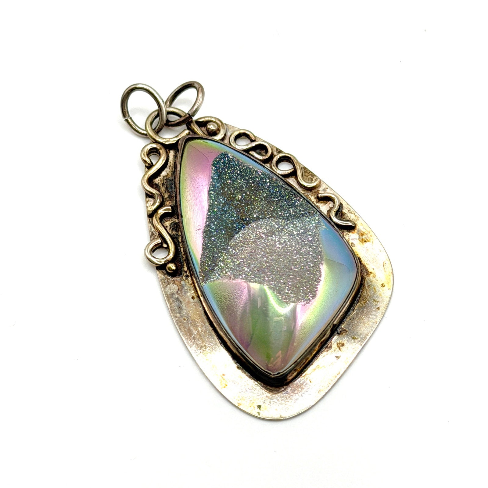 Vintage 90s Signed Rainbow Iridescent Sterling Silver Aura Druzy Quartz Pendant