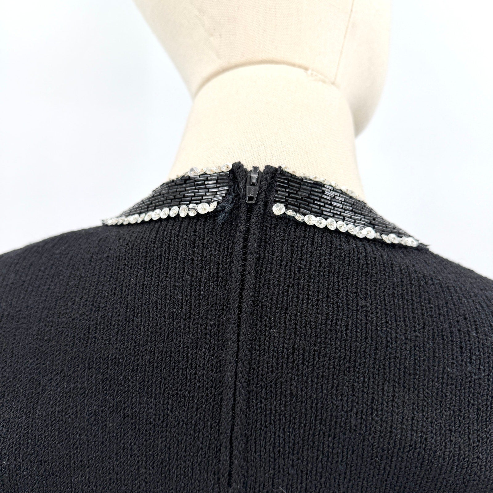Vintage 80s Lillie Rubin Black Wool Blend Beaded Cutout Glam Sweater Dress