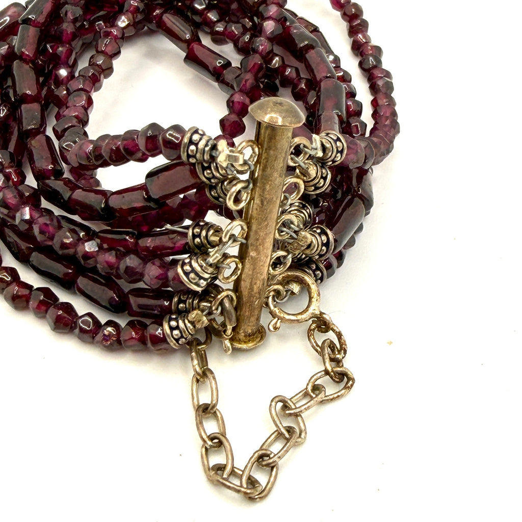 Vintage 90s Red Garnet Boho Multi Strand Beaded Slide Clasp Bracelet