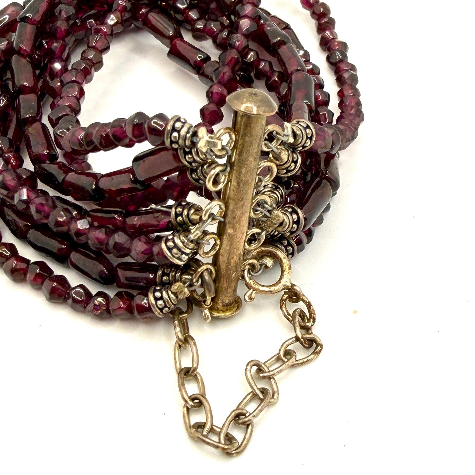 Vintage 90s Red Garnet Boho Multi Strand Beaded Slide Clasp Bracelet