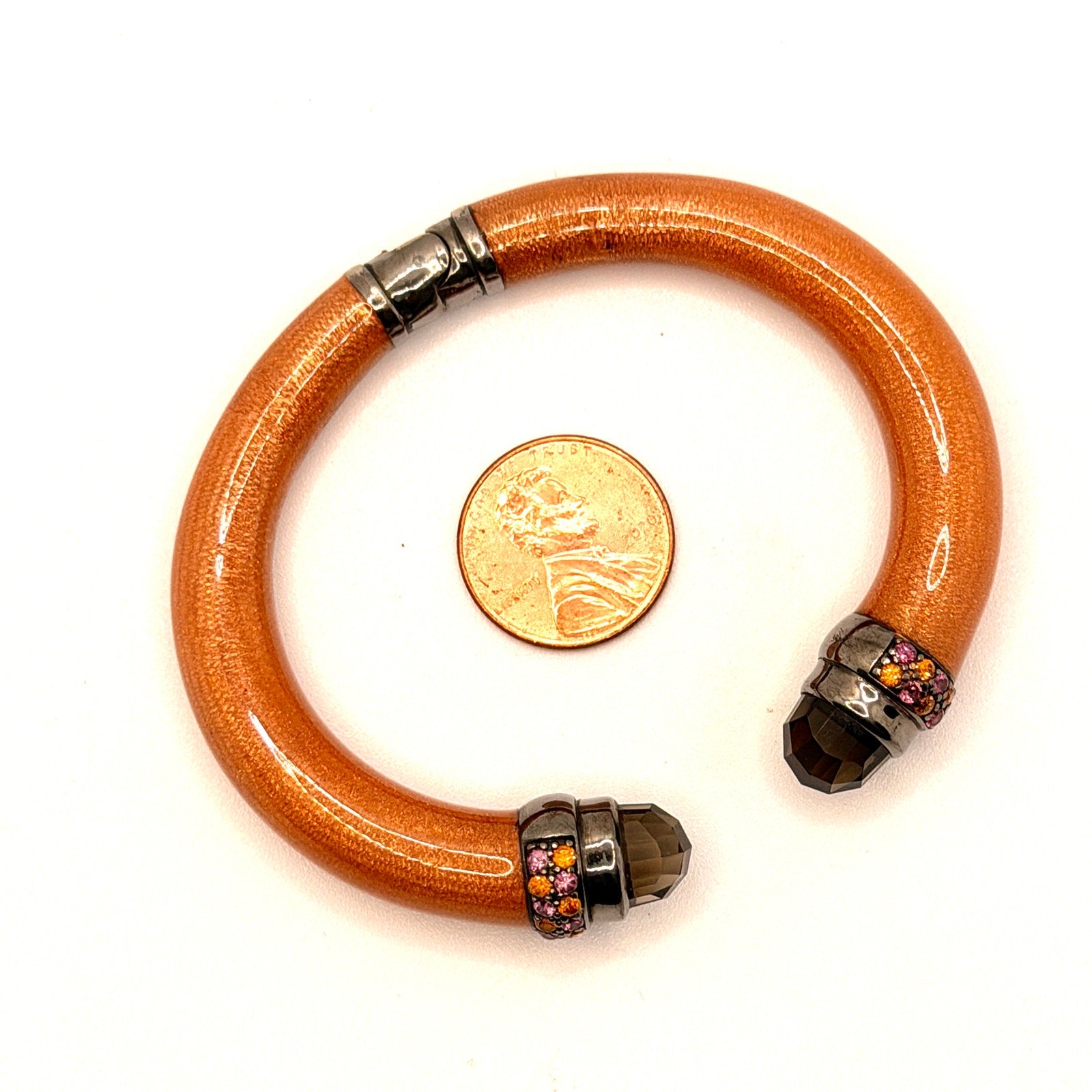 Metallic Orange Smoky Crystal Pavé Spring Hinge Bypass Cuff Bracelet