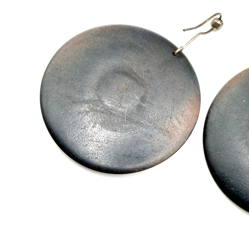 Vintage 80s Afrocentric Tribal Black Brown Wood Disc Drop Hook Earrings