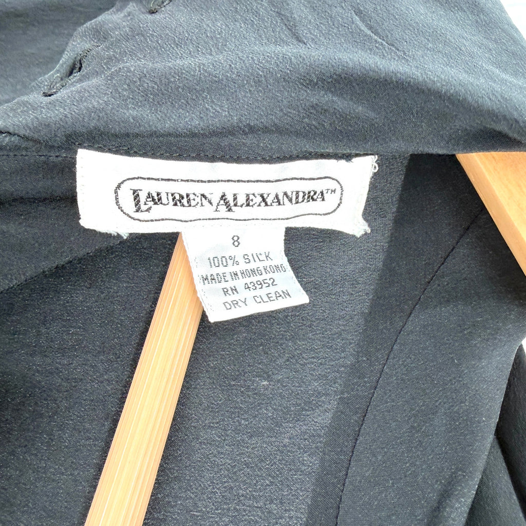 Vintage 80s Lauren Alexandra Black 100% Silk Minimalist High Neck Blouse
