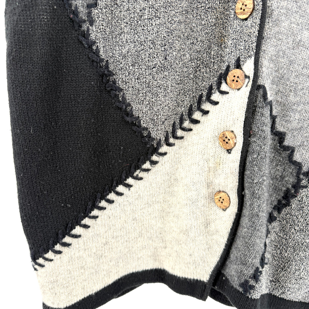 Vintage 90s Fred Thomas Black Gray Patchwork Stitch Mens Lambswool Sweater Vest