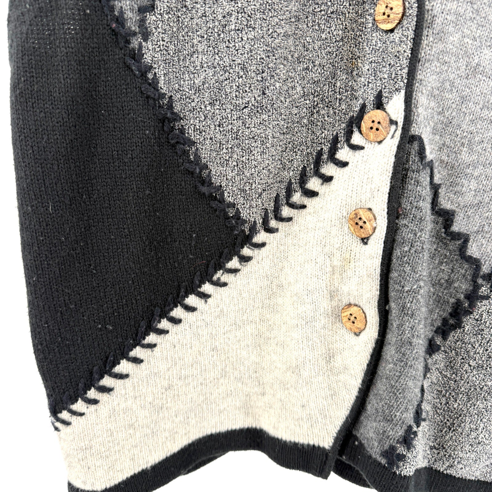 Vintage 90s Fred Thomas Black Gray Patchwork Stitch Mens Lambswool Sweater Vest