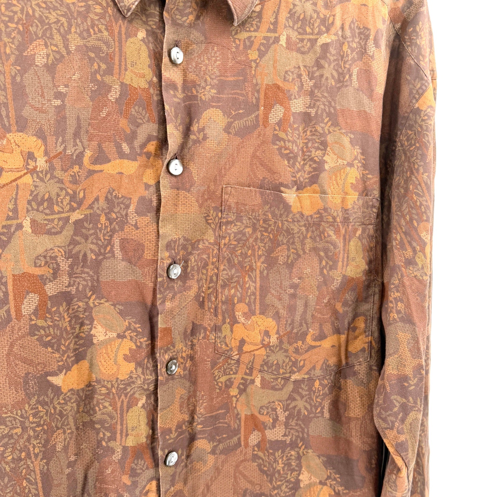 Vintage 90s Metropolitan View Brown 100% Cotton Medieval Pastoral Print Shirt