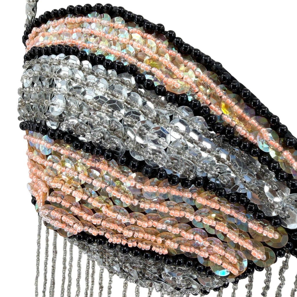 Vintage Y2K Silver Peach Sequin Beaded Fringe Showgirl Costume Bra Top