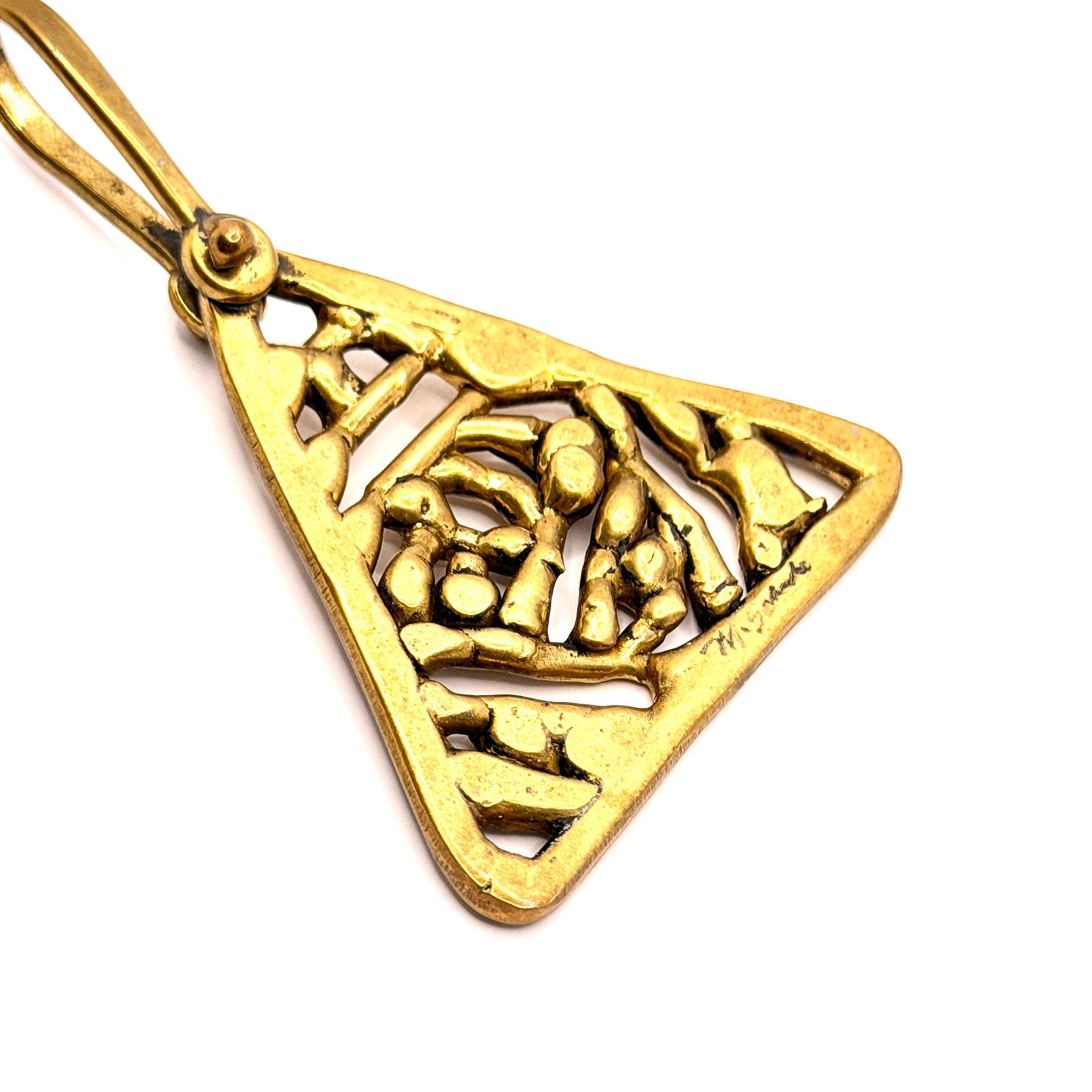 Vintage 80s Artist Signed Brass Sculptural Brutalist Abstract Triangle Pendant