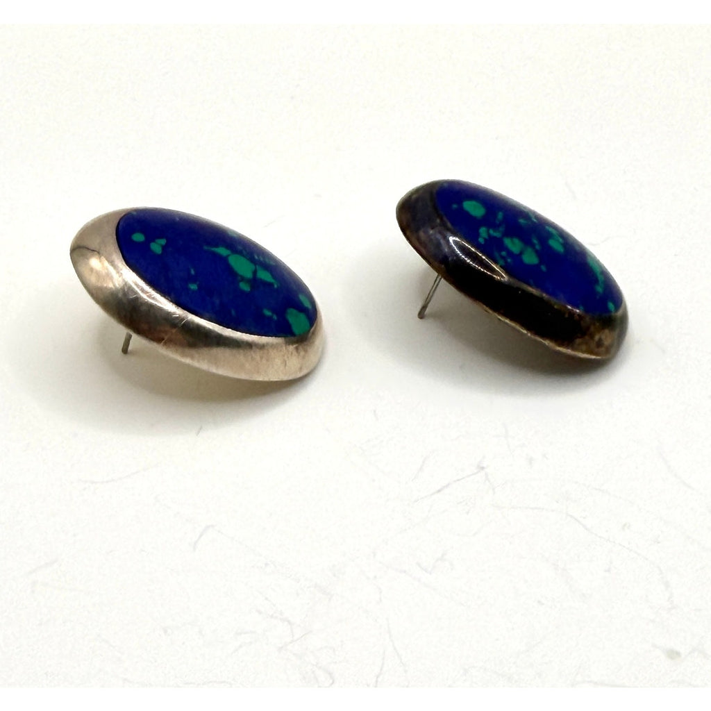 Vintage 90s Stamped Sterling Silver Mexico TF-04 Azurite Malachite Oval Earrings