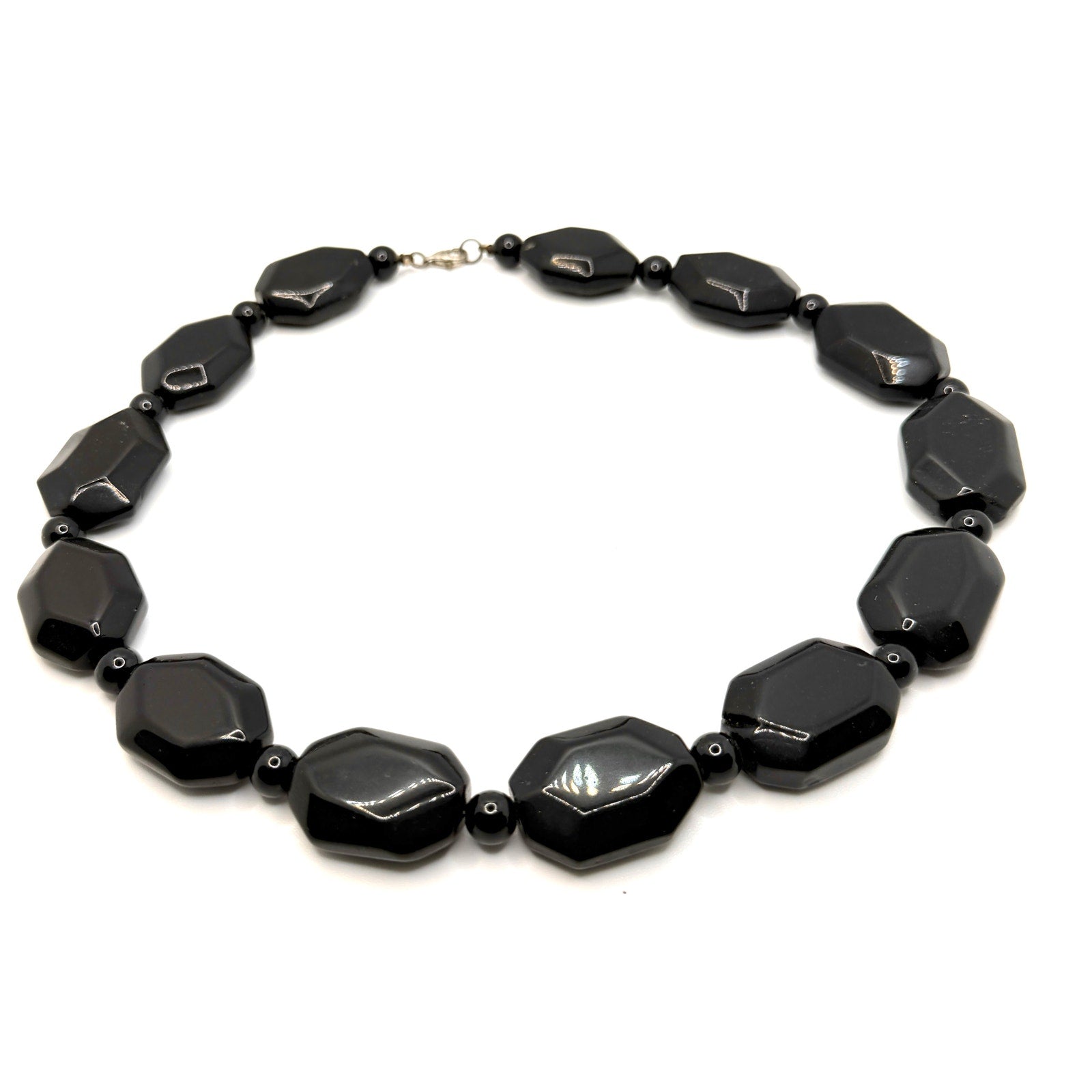 Vintage 90s Black Onyx Faceted Geometric Chunky Statement Necklace