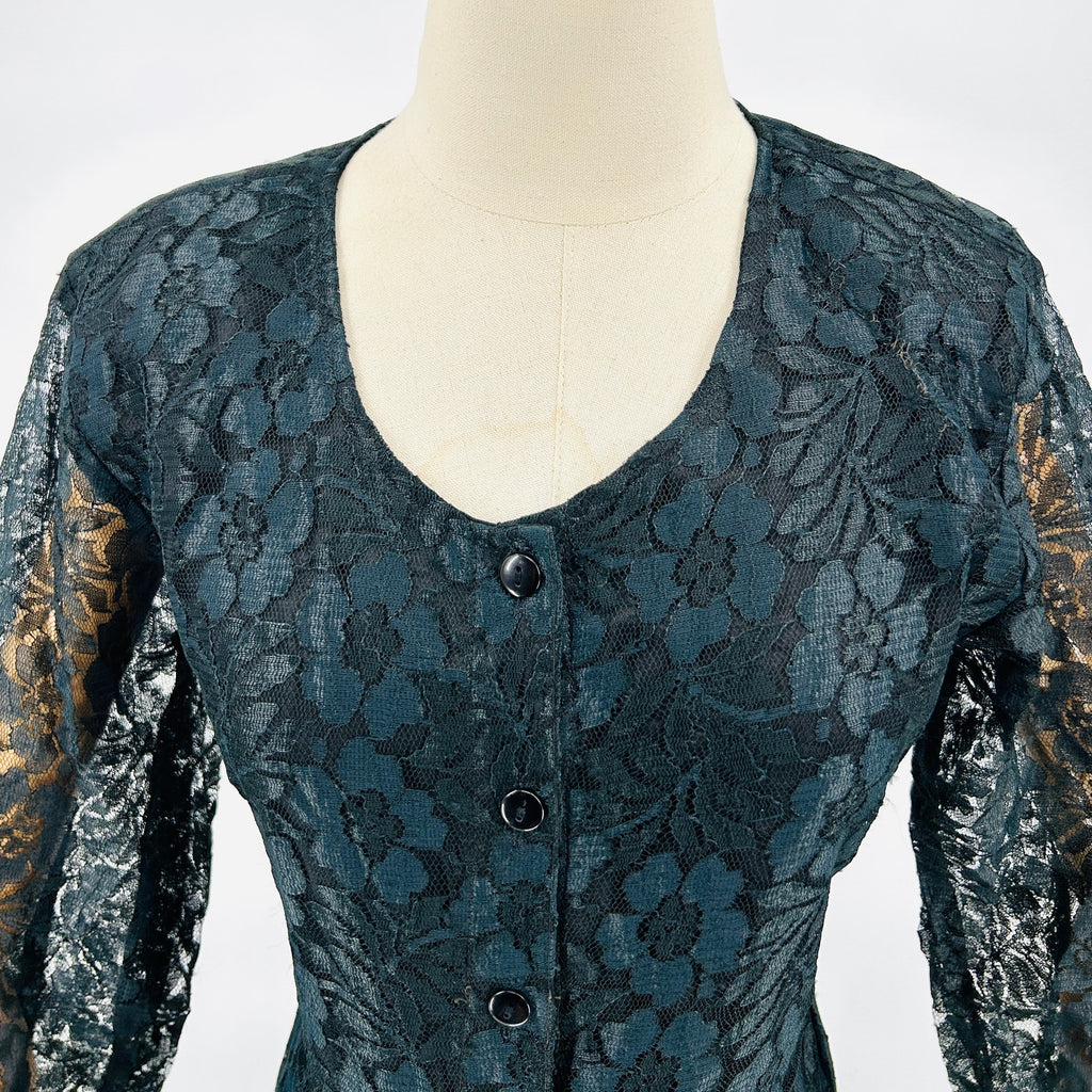 Vintage 90s M.P.H. Black Lace Romantic Button Front Long Sleeve Maxi Dress