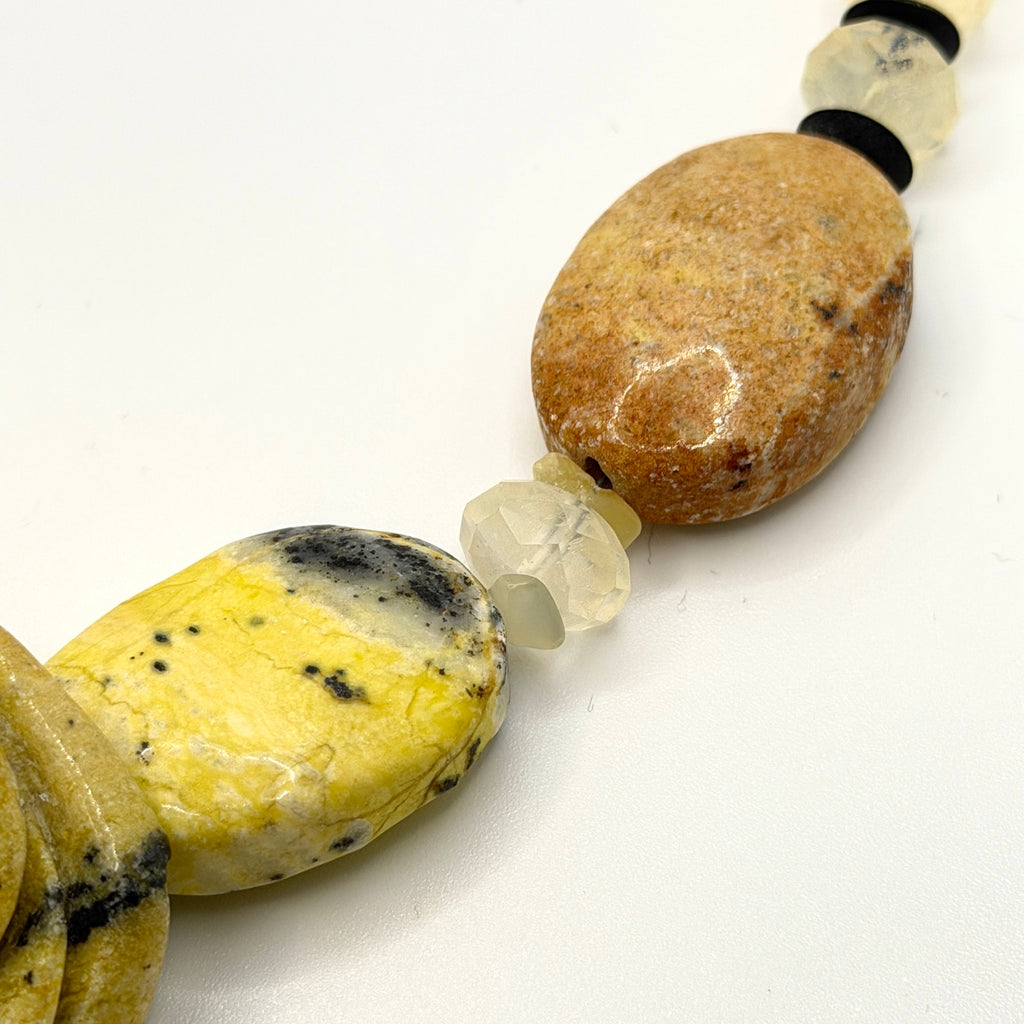 Vintage 90s Yellow Carved Stone Rose Jasper Beaded Boho Chunky Toggle Necklace