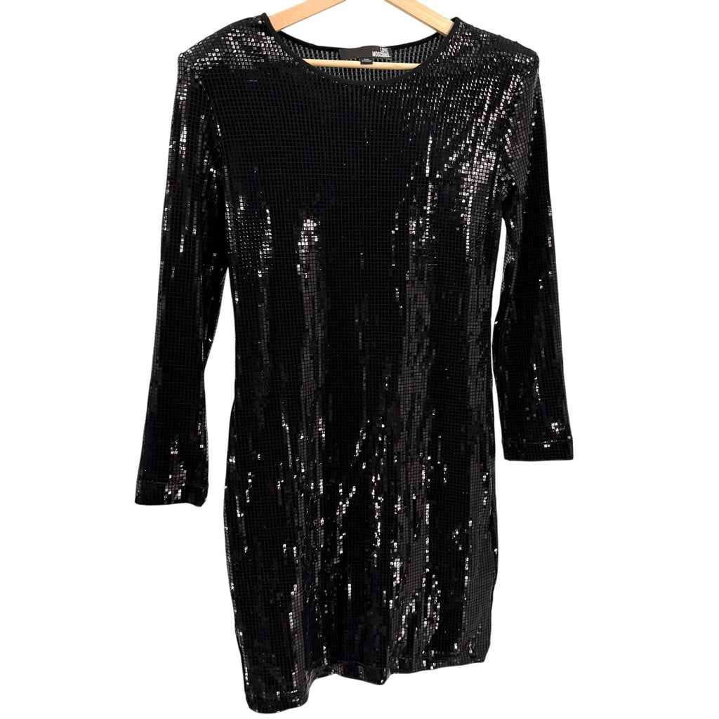 Love Moschino Black Square Sequin Mini Dress Shoulder Pad Stretch Party Shift