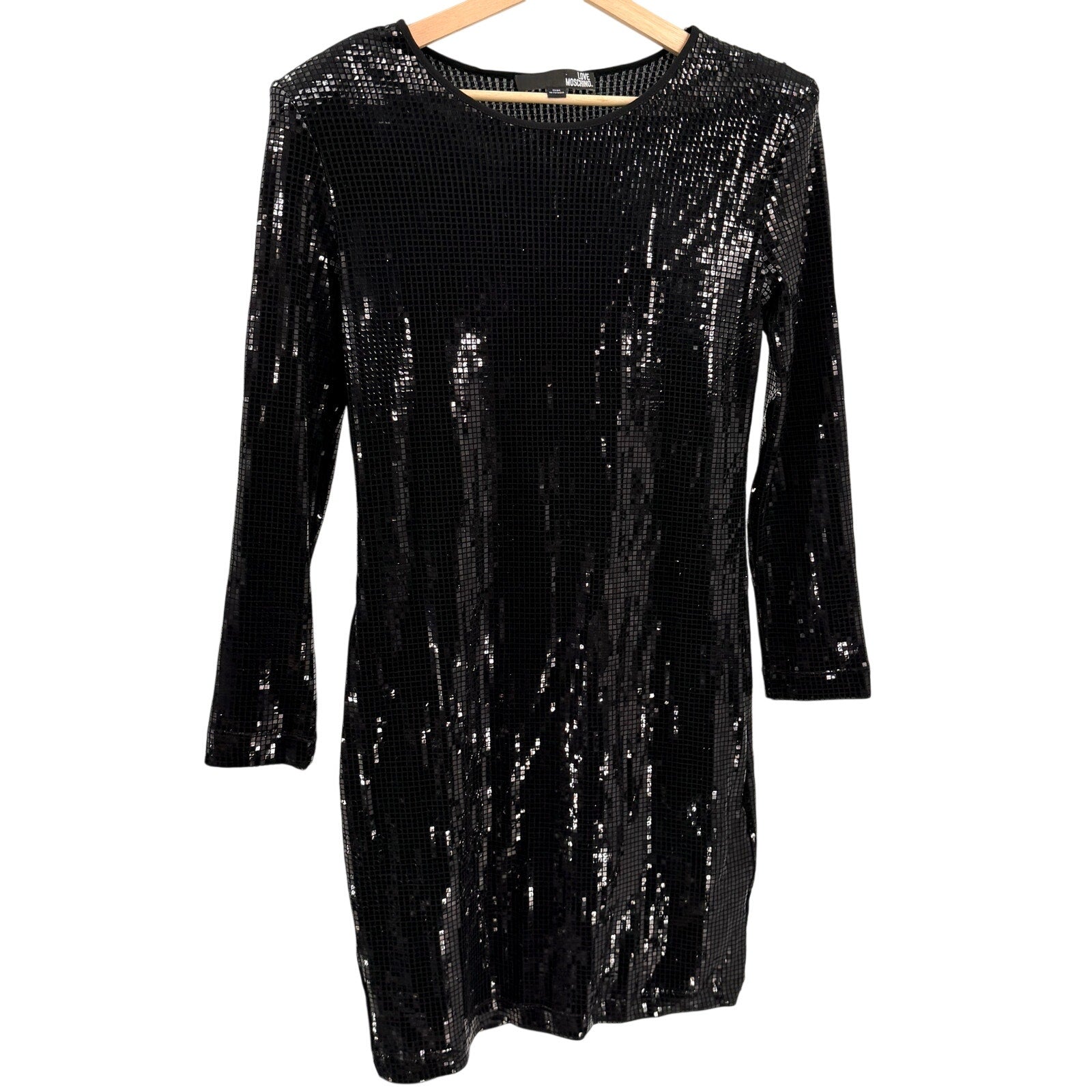 Love Moschino Black Square Sequin Mini Dress Shoulder Pad Stretch Party Shift