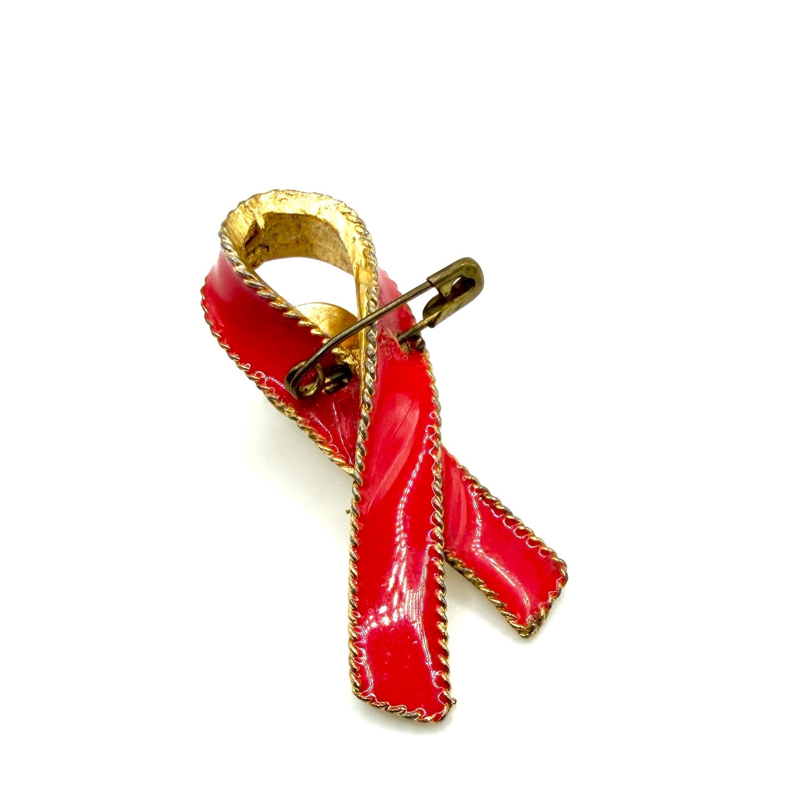 Vintage 80s Red Gold Enamel AIDS Awareness Ribbon Lapel Pin