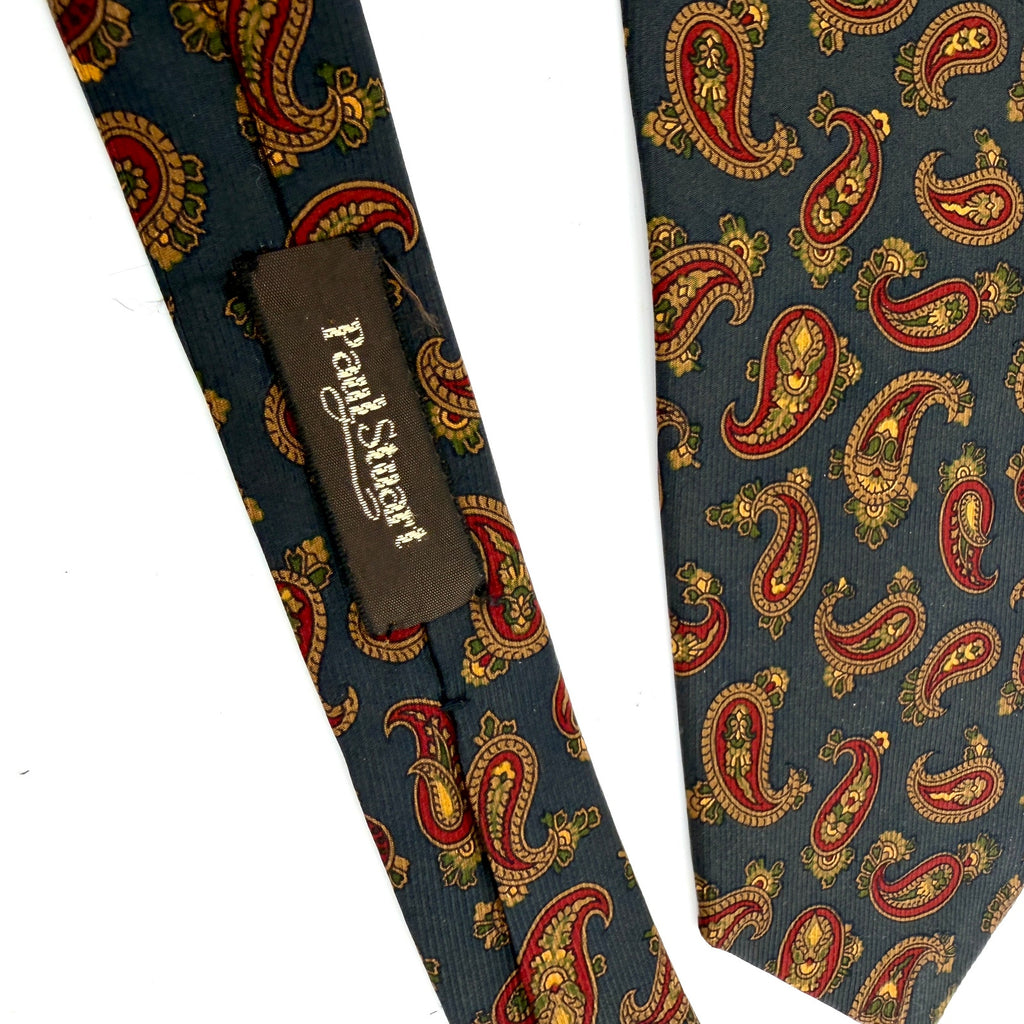 Vintage 90s Paul Stuart Sage Red 100% Silk Paisley Traditional Necktie