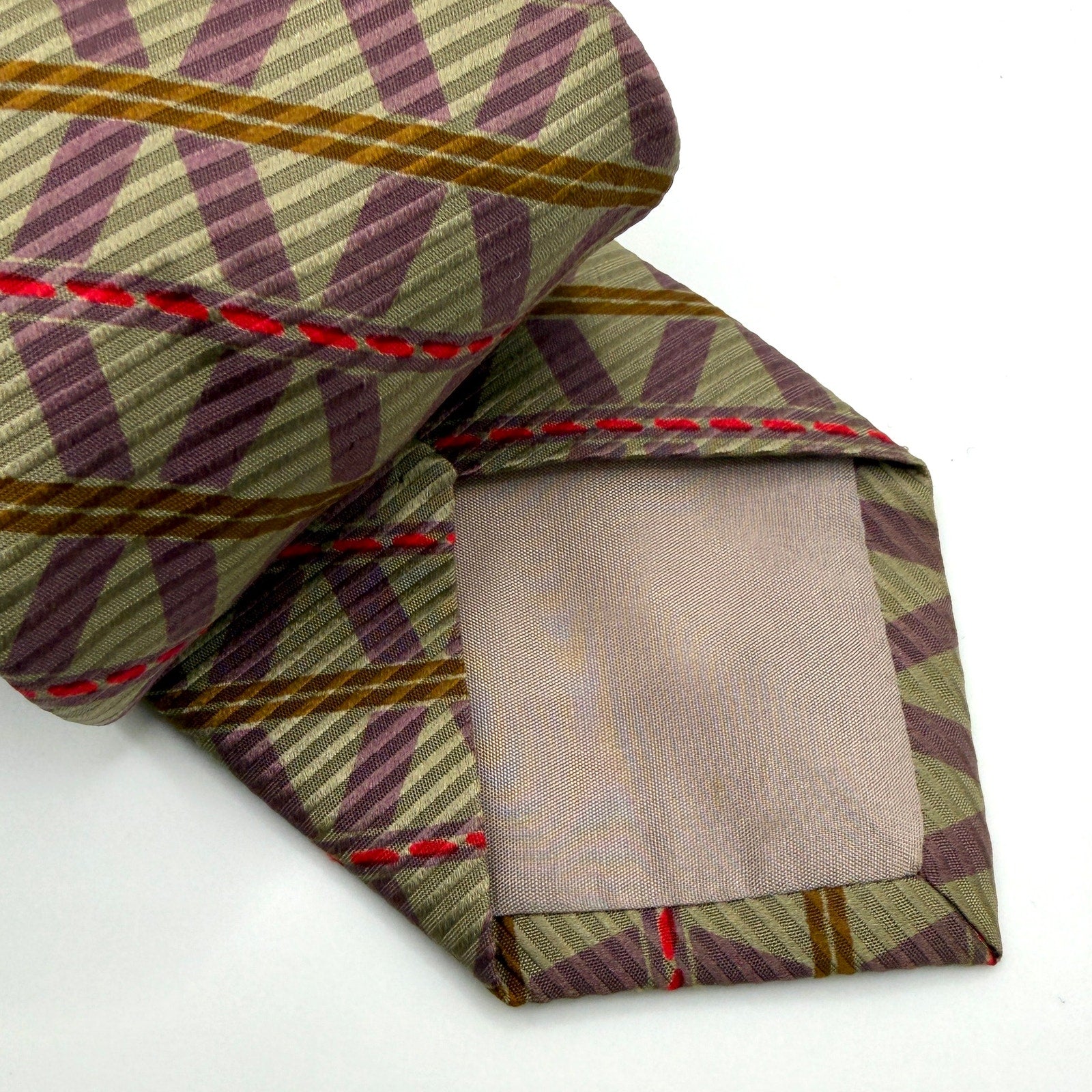 Vintage 90s Giorgio Armani Beige Purple Skinny Geometric 100% Silk Luxury Tie