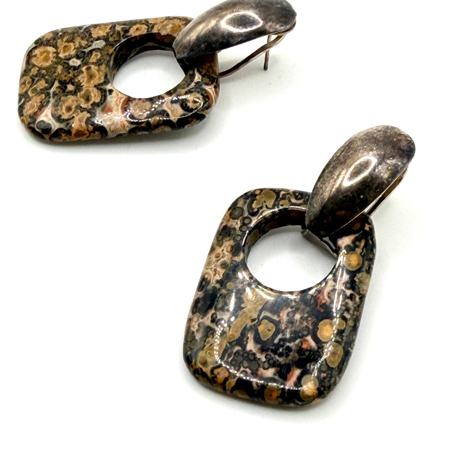 Vintage 90s Sterling Silver Leopard Skin Jasper Cutout Dangle Earrings