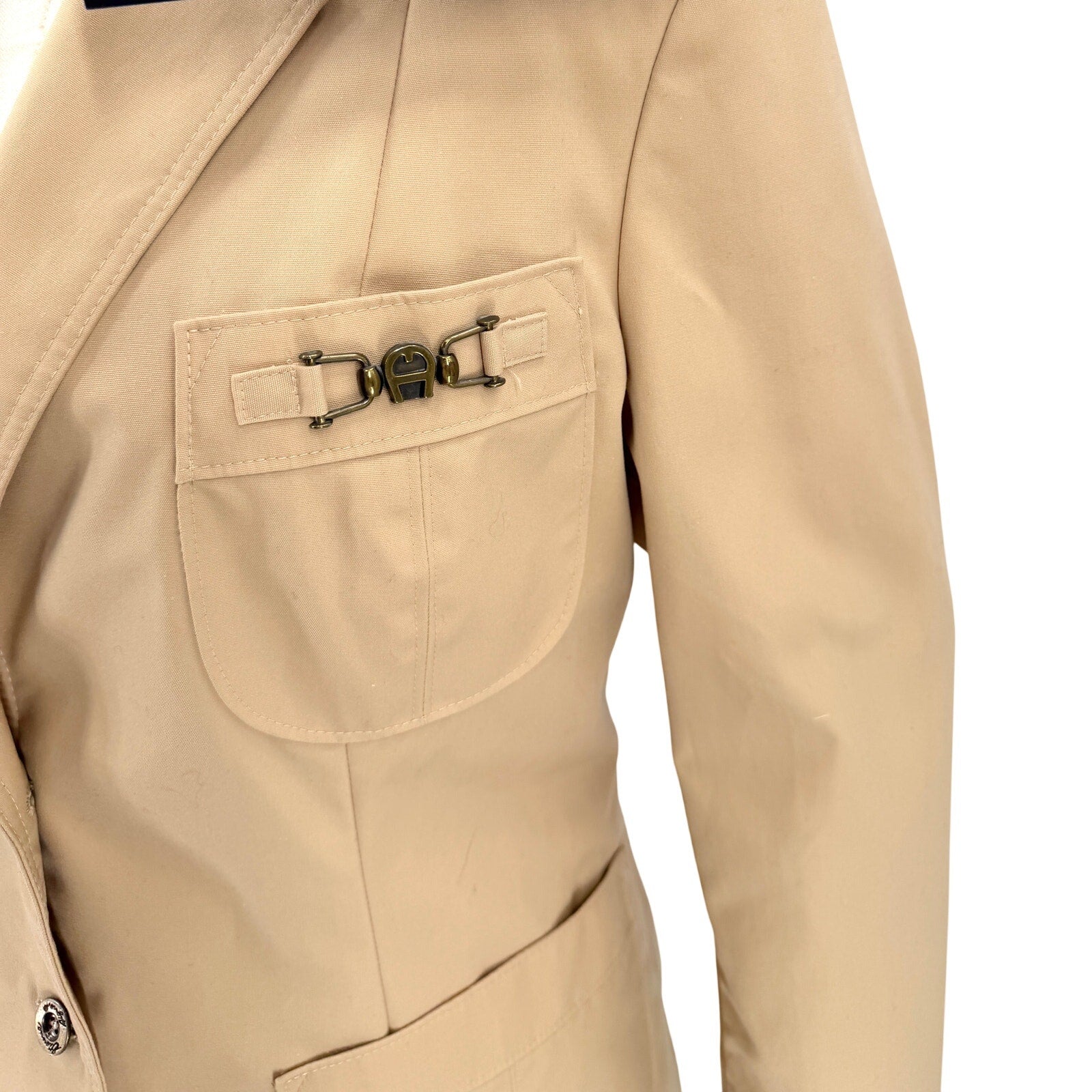 Vintage 80s Etienne Aigner Tan Equestrian Logo Clasp Pockets Blazer Jacket