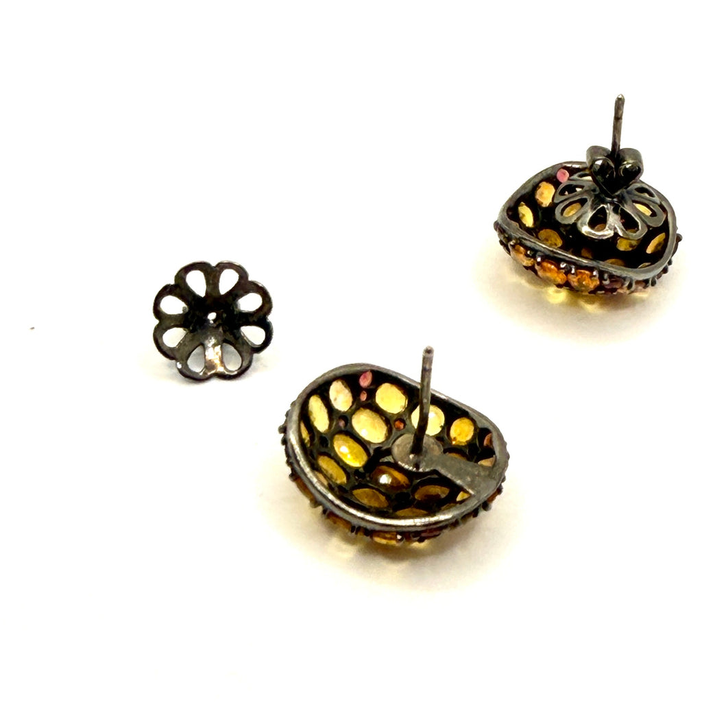 Vintage 90s Genuine Yellow Sapphire Garnet Dome Statement Stud Earrings