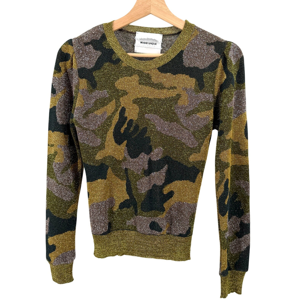 Brand Unique Metallic Gold Green Camo Print Puff Sleeve Sweater