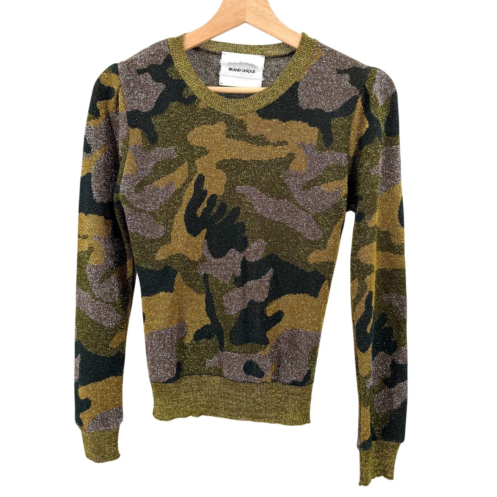 Brand Unique Metallic Gold Green Camo Print Puff Sleeve Sweater