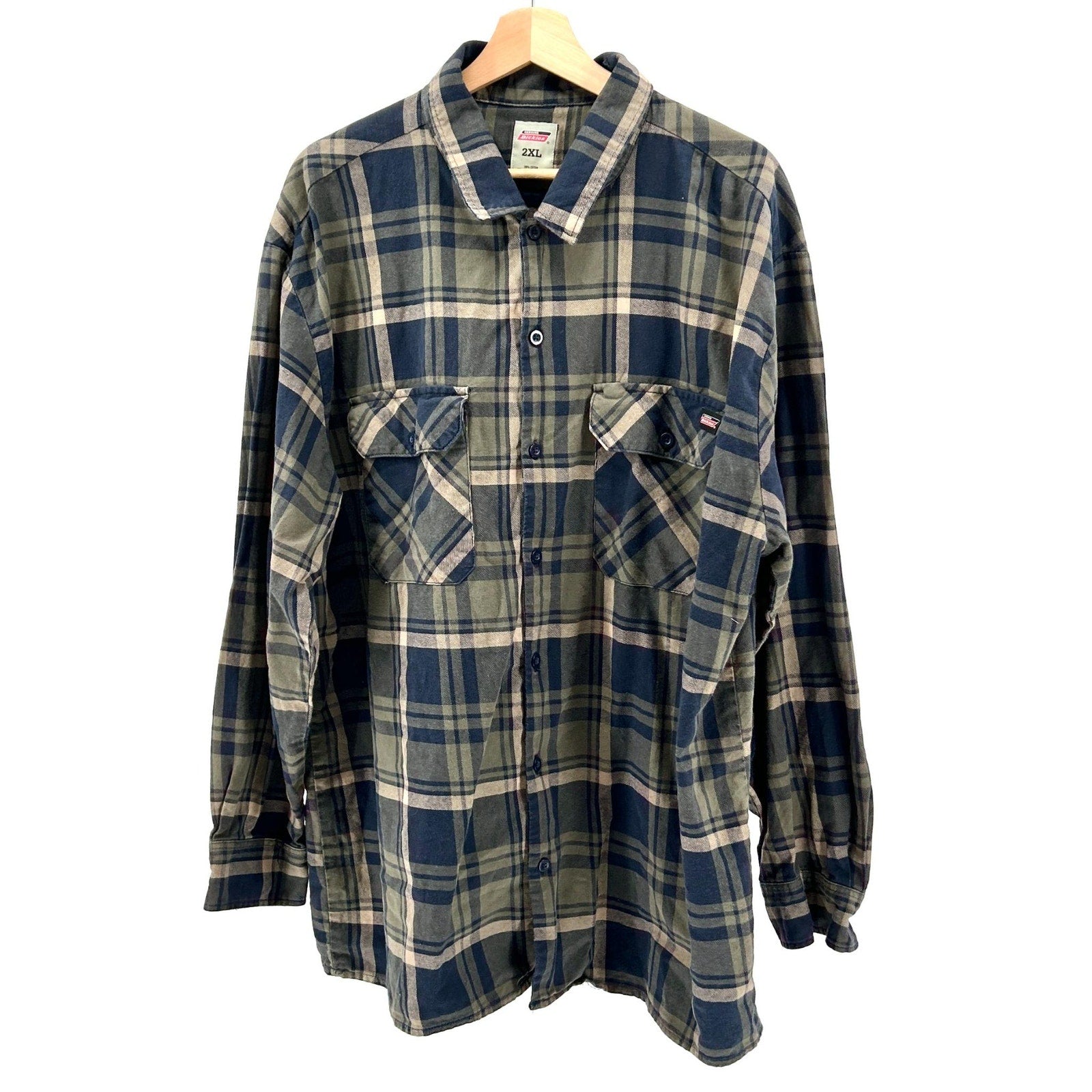 Dickies Green Blue Plaid 100% Cotton Workwear Flannel Shirt