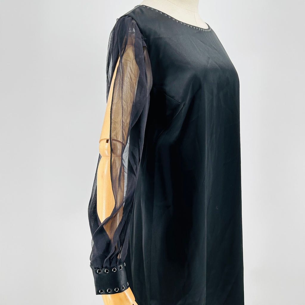 Elie Tahari Black Studded Satin Shift Dress with Silk Sleeves