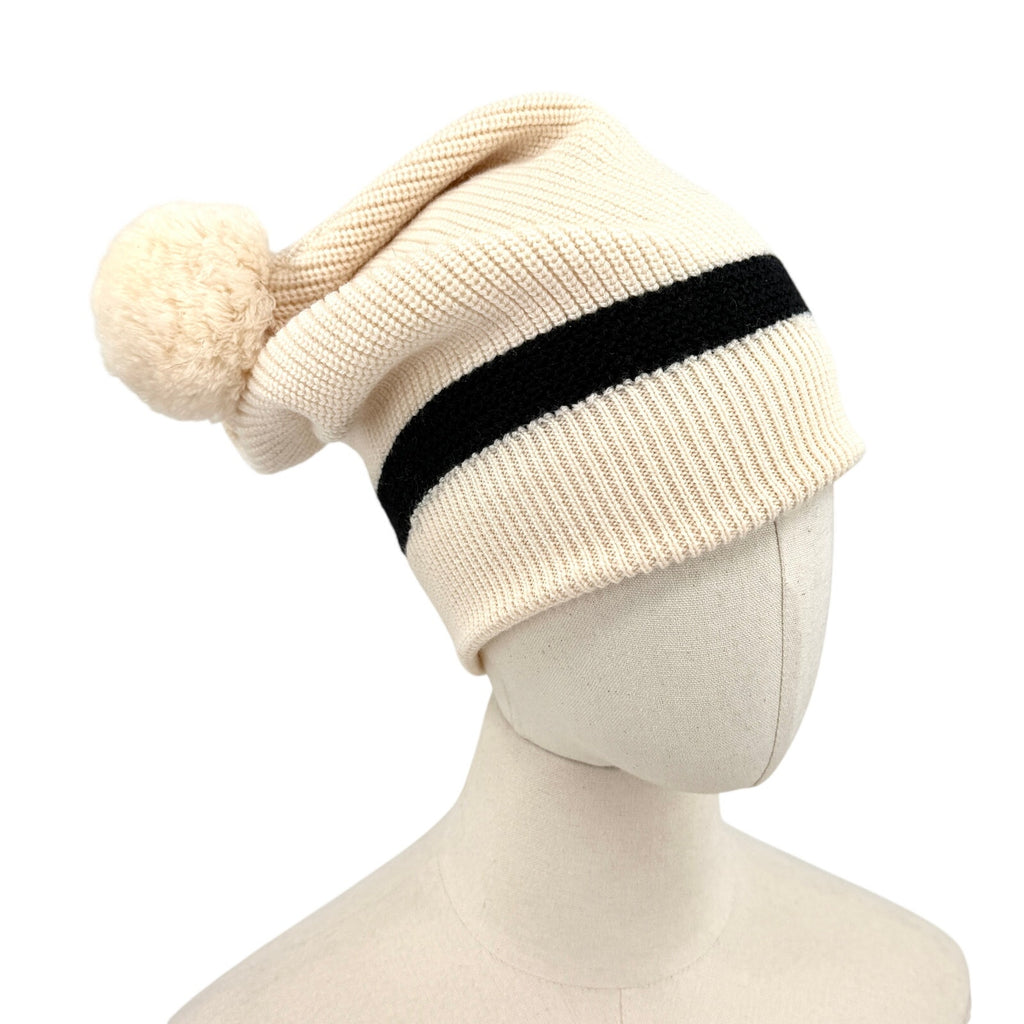Authier Cream Black Knit Stripe Pom-Pom Winter Hat Beanie