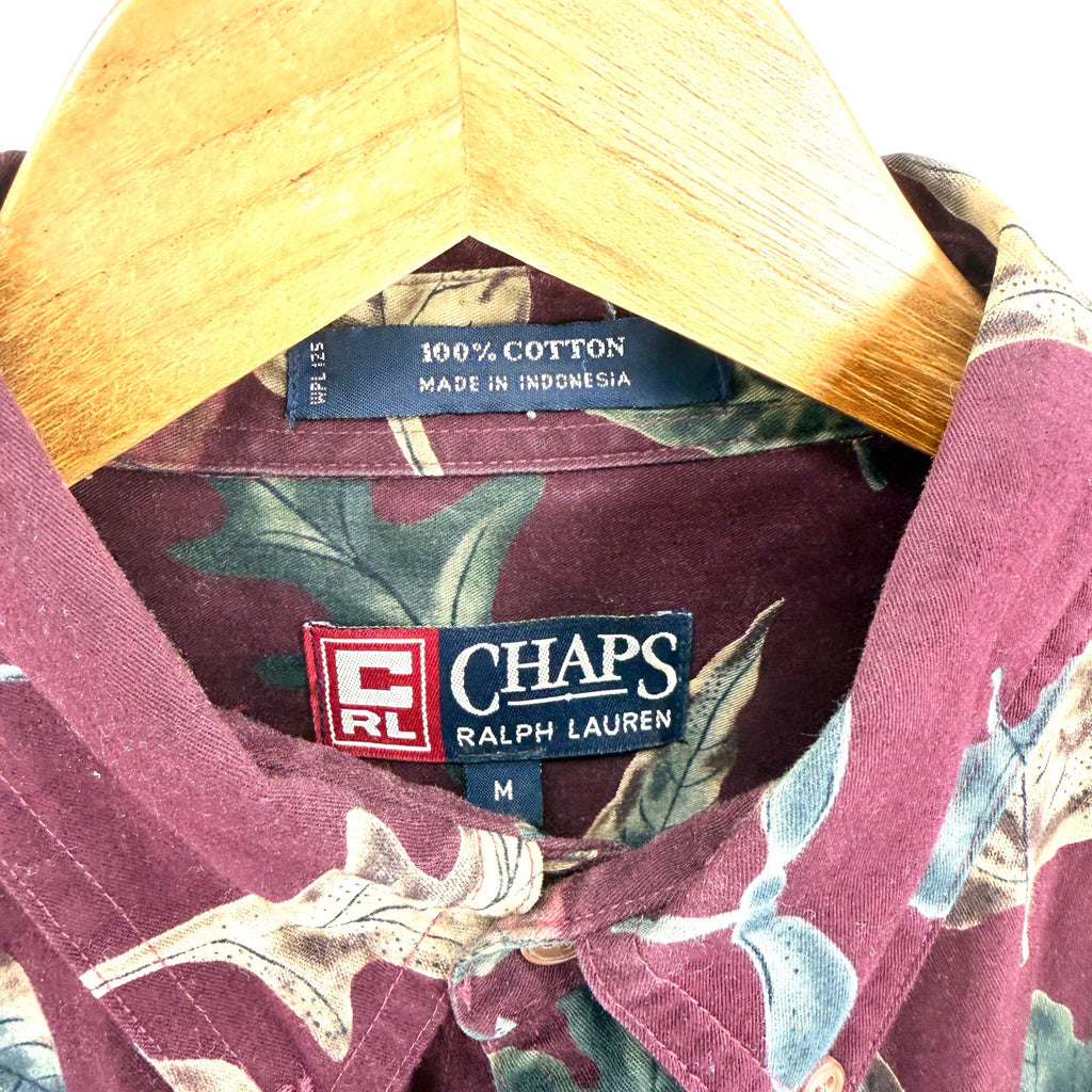 Vintage 90s Chaps Ralph Lauren Maroon 100% Cotton Leaf Print Button Up