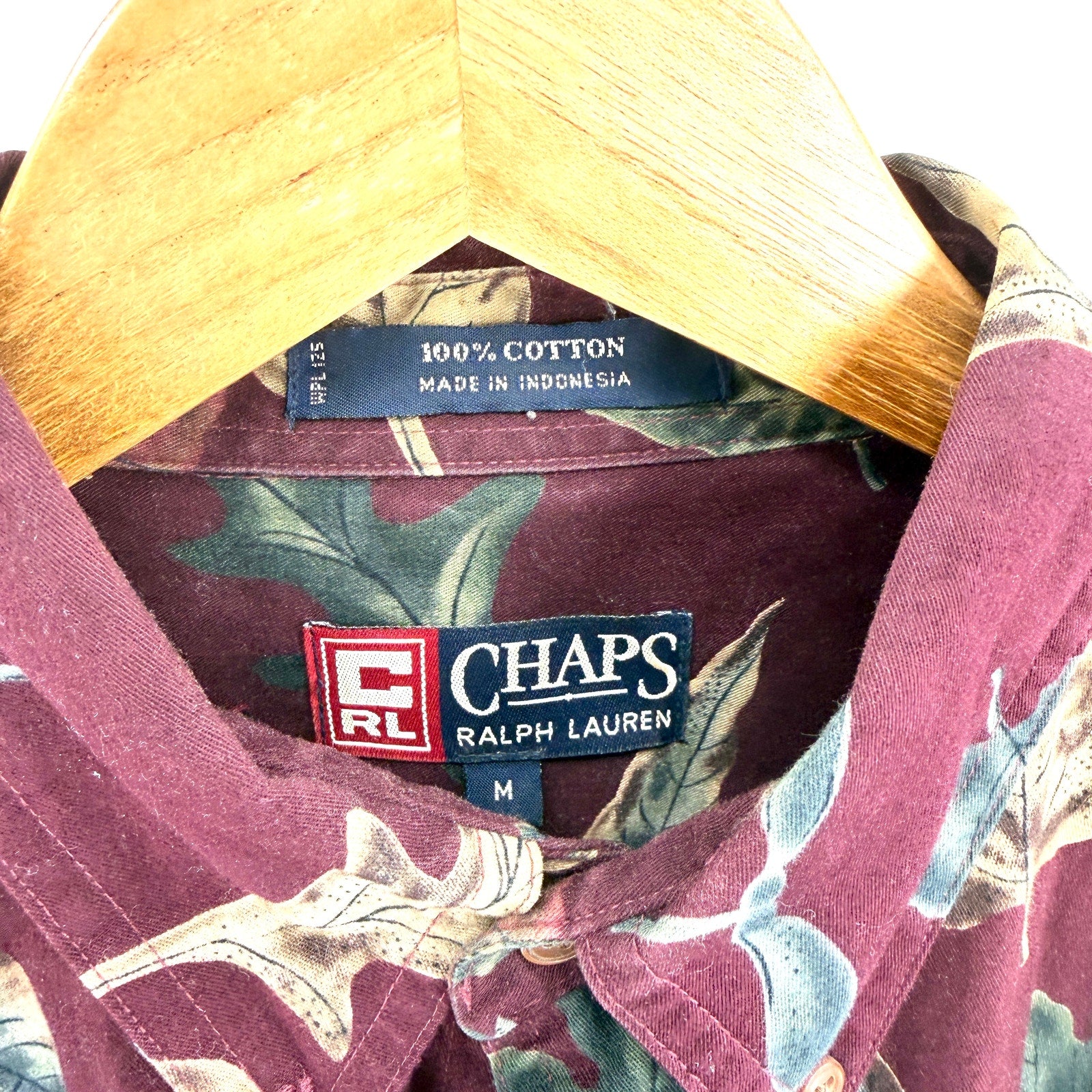 Vintage 90s Chaps Ralph Lauren Maroon 100% Cotton Leaf Print Button Up