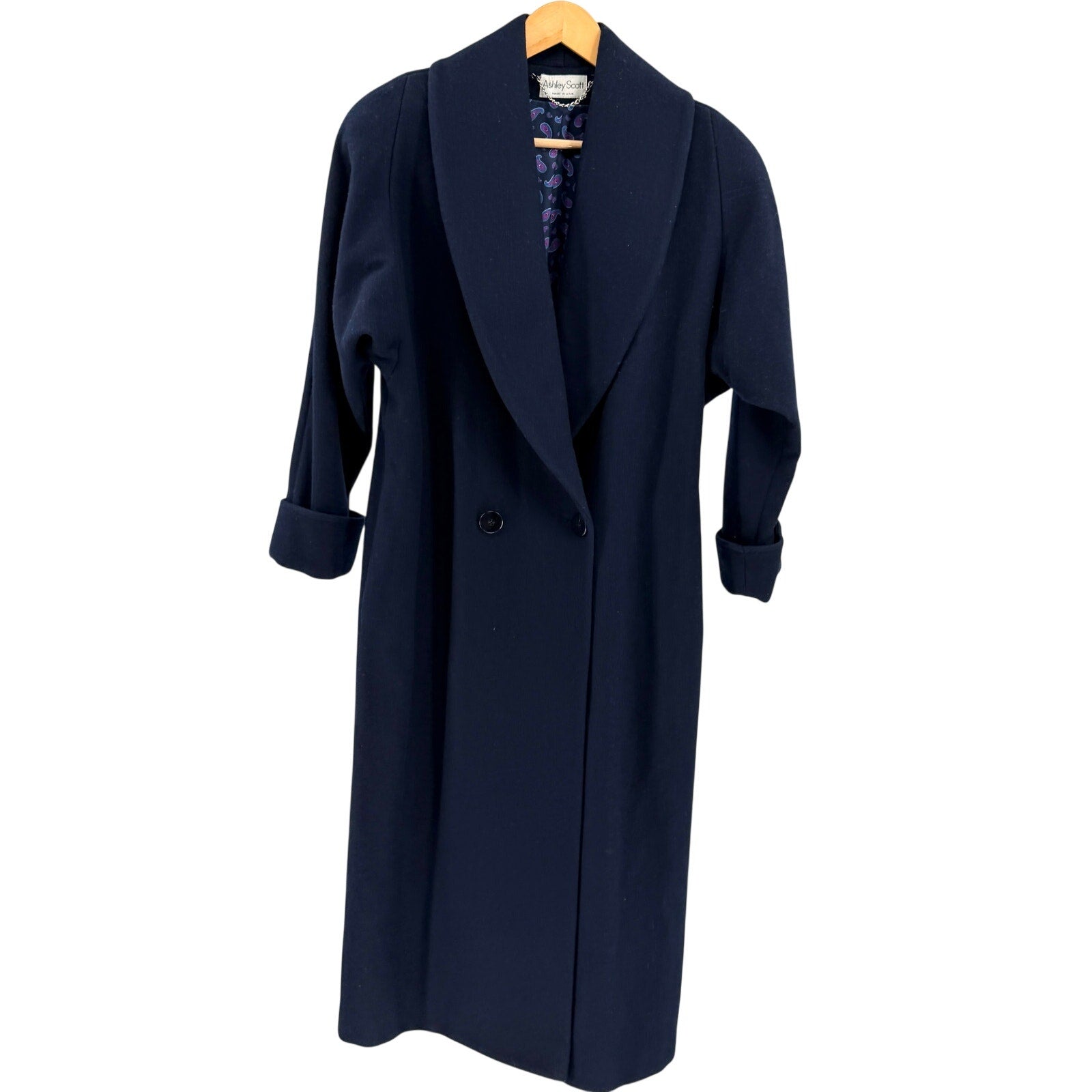 Vintage 80s Ashley Scott Navy Blue 100% Wool Shawl Collar Long Coat