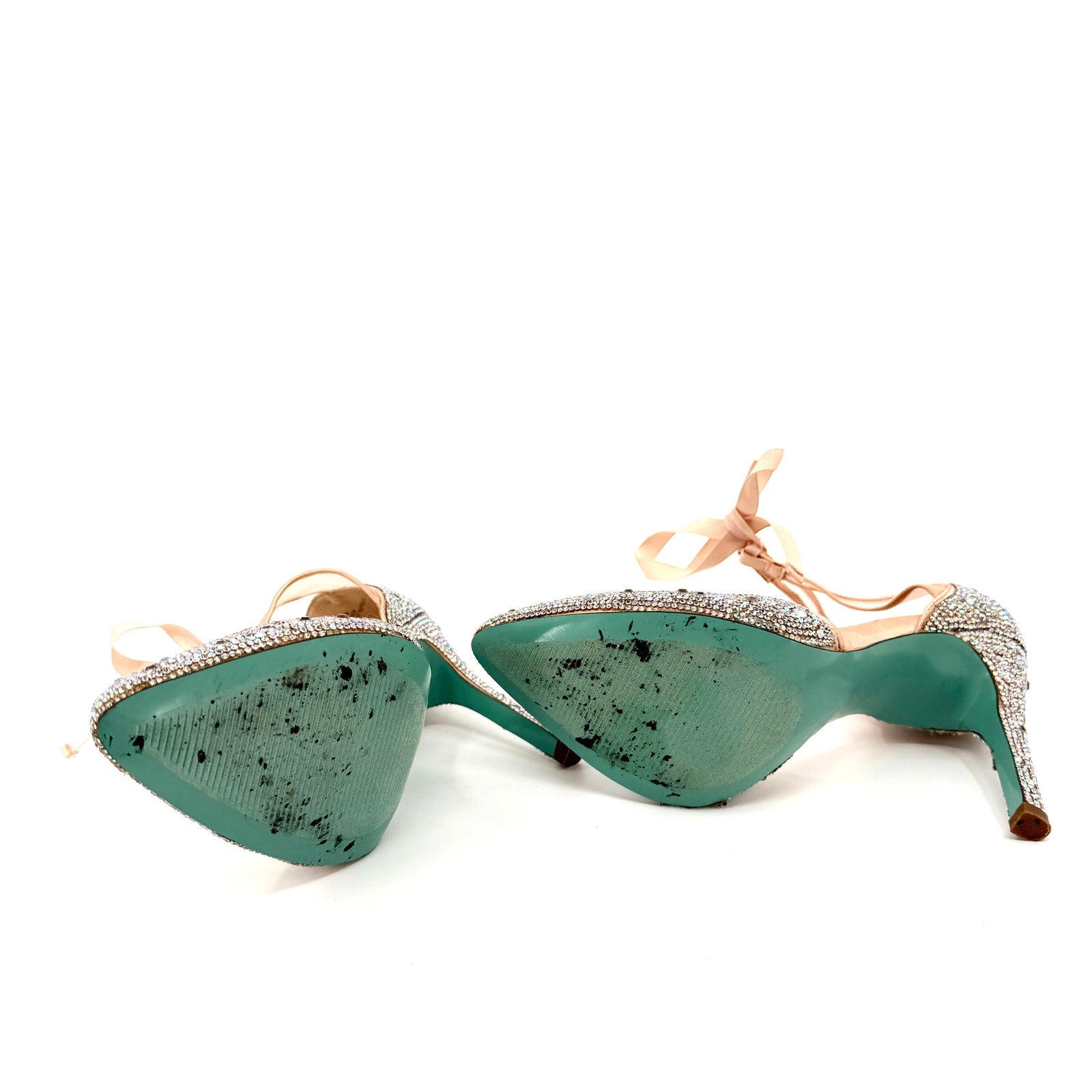 Betsey Johnson Iris Blush Pink Rhinestone Lace  Ribbon Tie Stiletto Heels