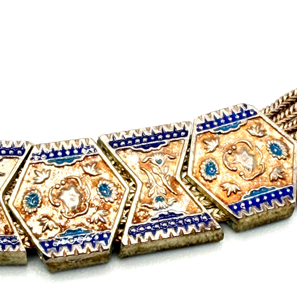 Vintage 60s Stamped Sterling Silver Turkish Trabzon Enamel Multi Strand Necklace