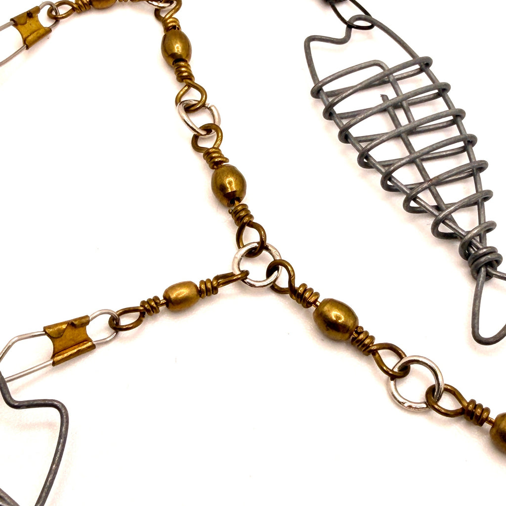 Vintage 90s Silver Brass Wire Fishing Swivel Fish Skeleton Charm Jewelry Set