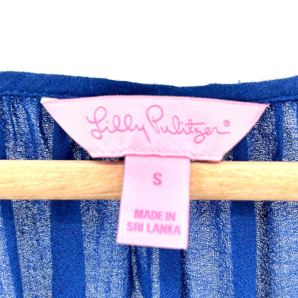 Lilly Pulitzer Navy Blue Pink Embroidered Tassel Peasant Blouse