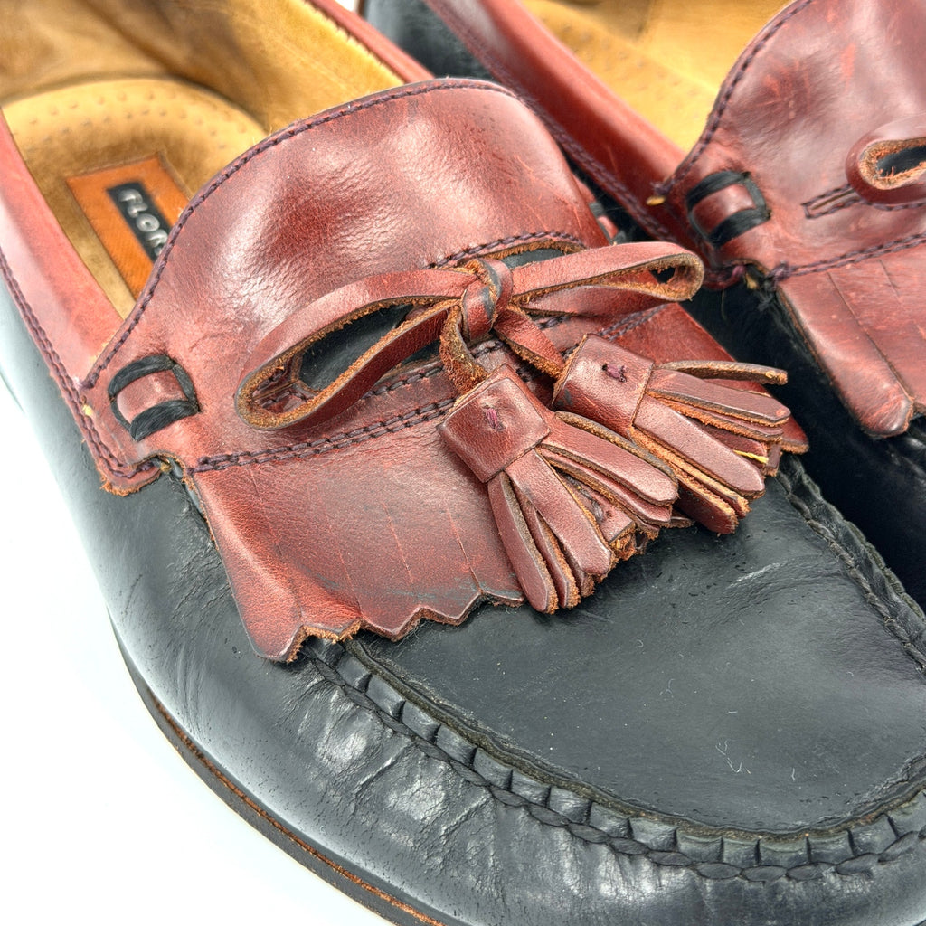 Vintage 90s Florsheim Black Brown Genuine Leather Tassel Kiltie Loafers